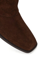 Woman Brown Buckled Short Thick-Heeled Suede Boots | Derimod