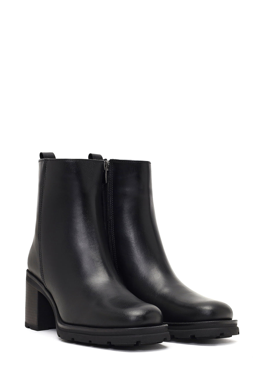 Women's Black Zippered Thick Heeled Leather Boot