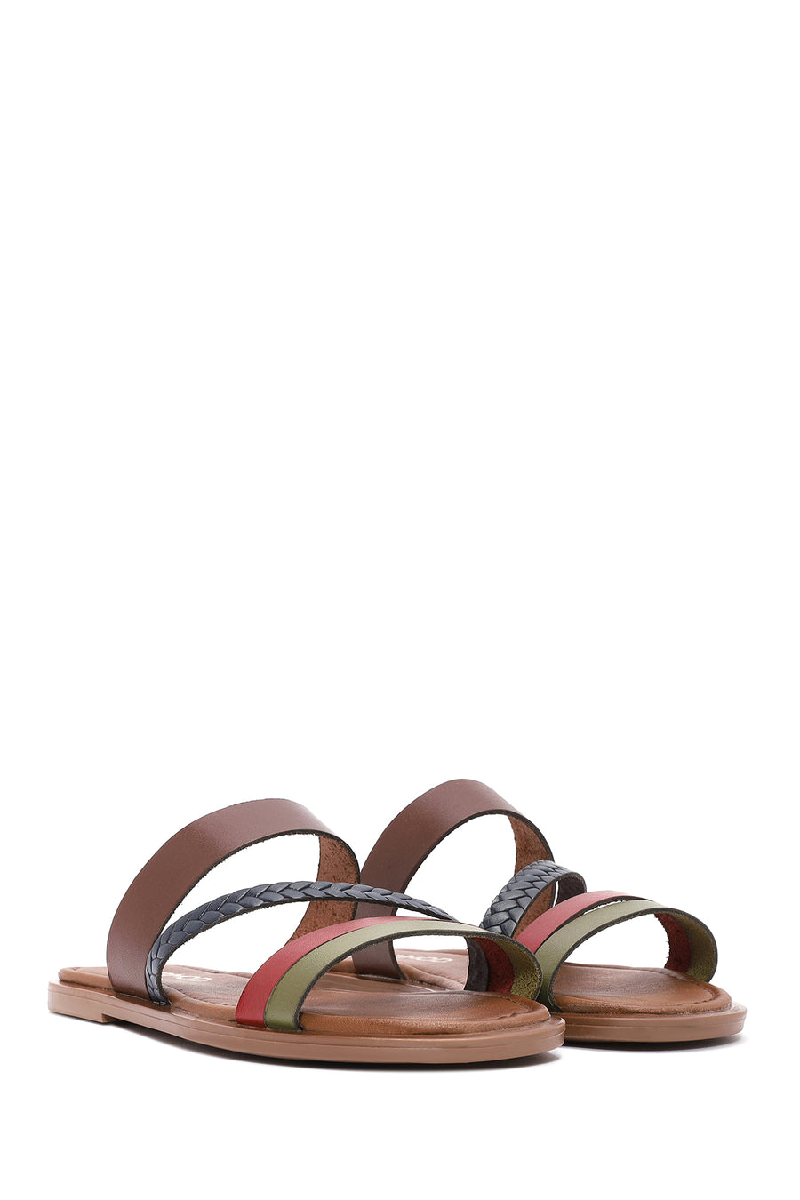 Women's Multicolored Knitted Detailed Leather Slippers