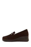 Women's Brown Buckled Wedge Heel Suede Leather Comfort Loafer | Derimod