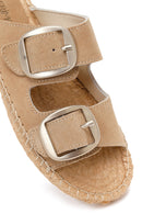 Women's Beige Buckled Suede Leather Espadrille Slippers | Derimod