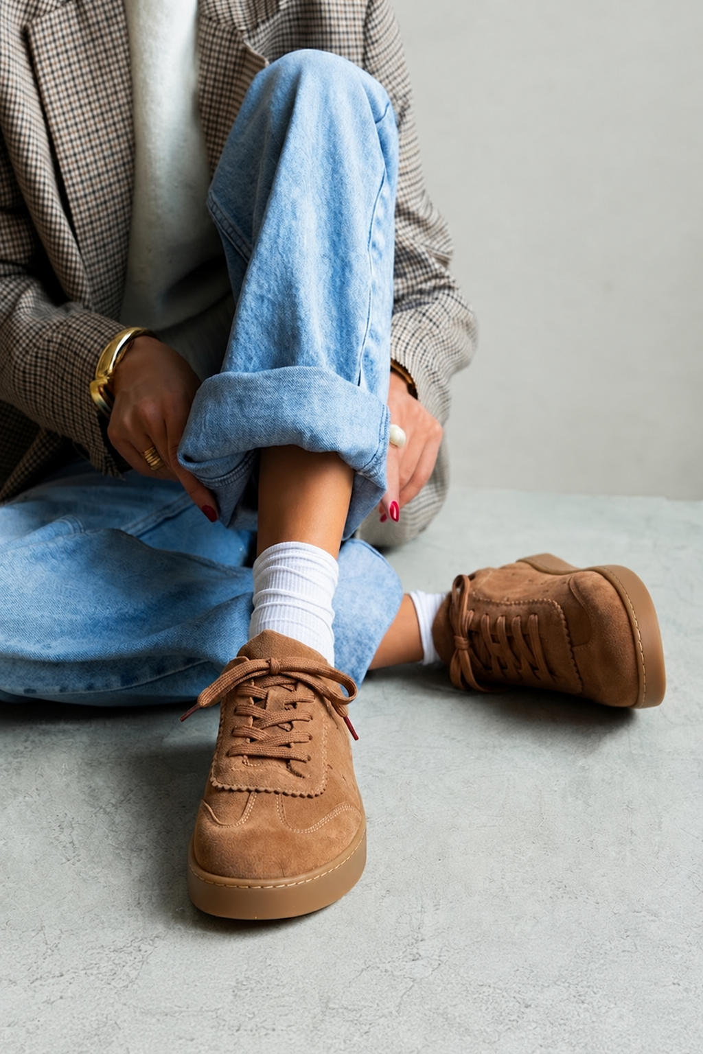 Kadın Taba Bağcıklı Kalın Tabanlı Süet Deri Sneaker