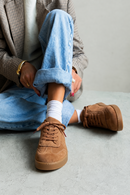 Woman Tan Lace-Up Thick-Soled Suede Leather Sneaker | Derimod