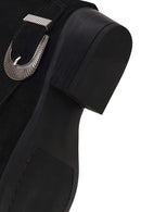 Woman Black Buckled Short Thick-Heeled Suede Boot | Derimod