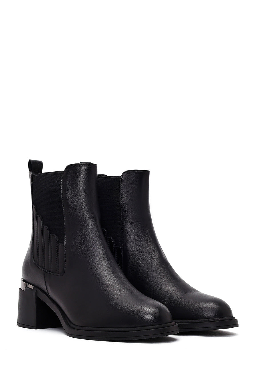 Women's Black Thick Heeled Leather Chelsea Boots