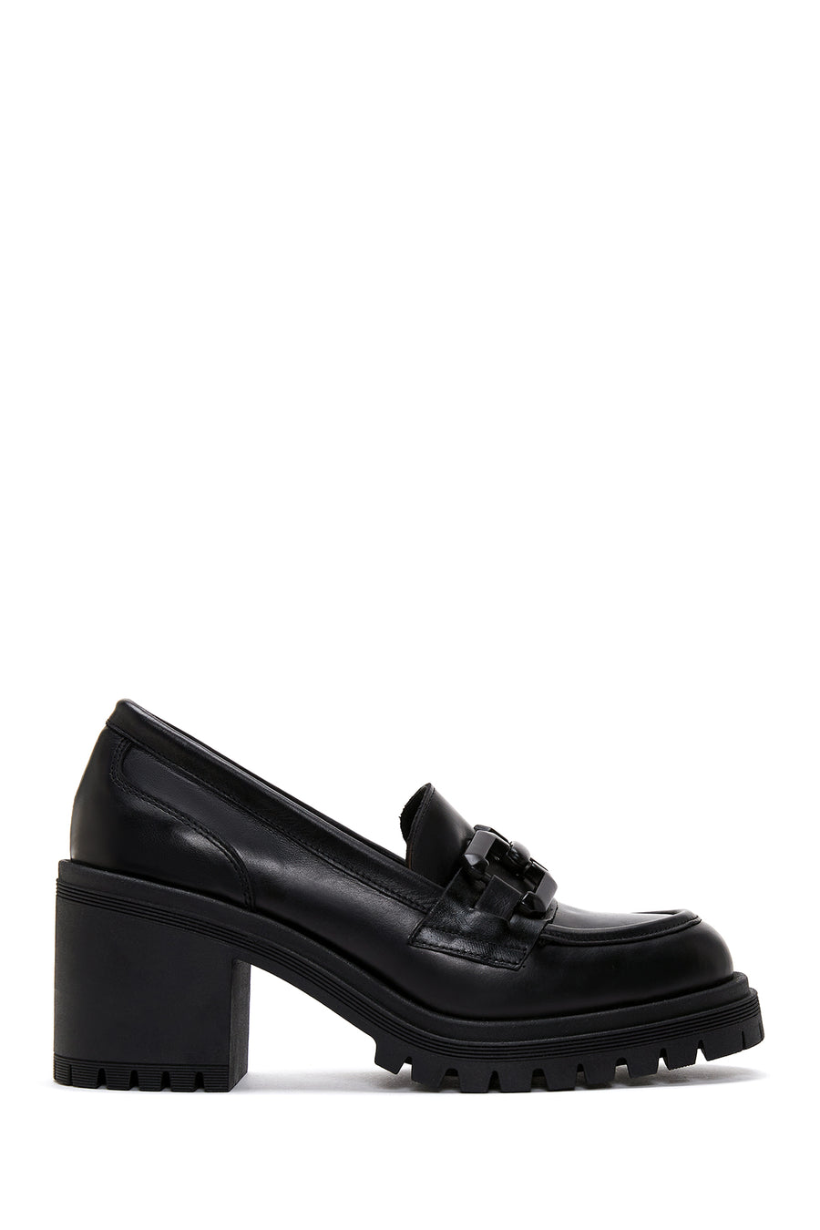 Women's Black Thick Heeled Leather Masculine Loafer 24WFD181018 | Derimod