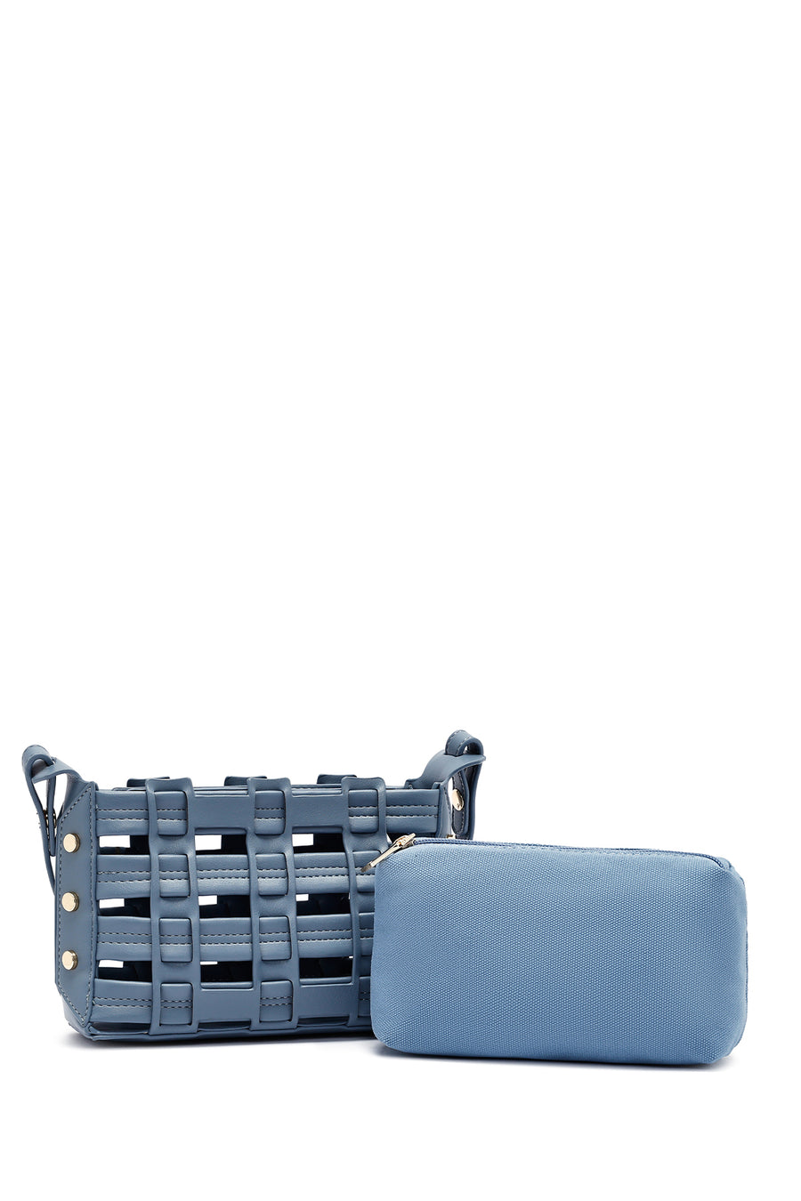 Woman Blue Long Strap Knitted Crossbody Bag
