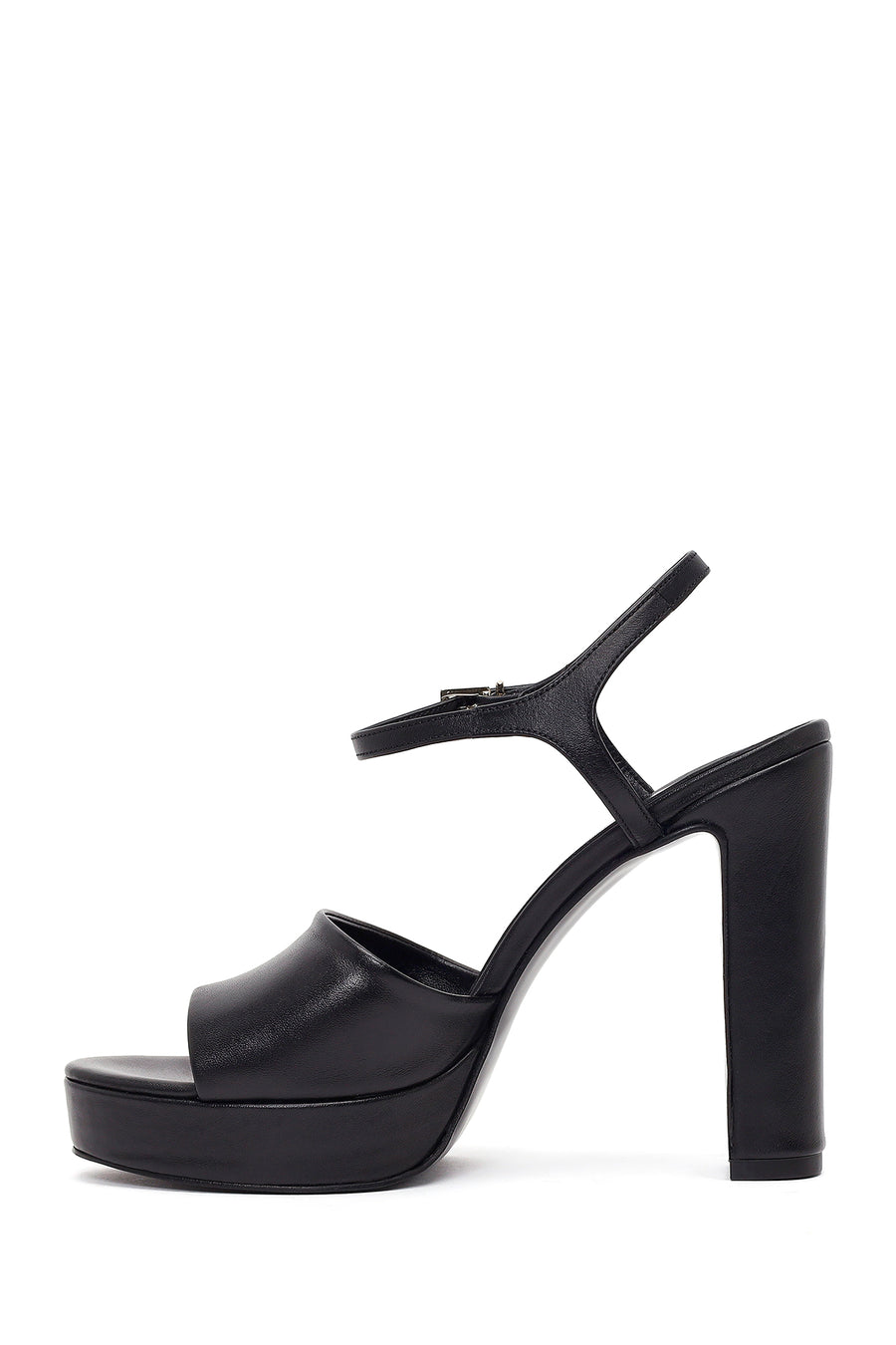 Women's Black Ankle Buckle Platform High Thick Heel Leather Sandals