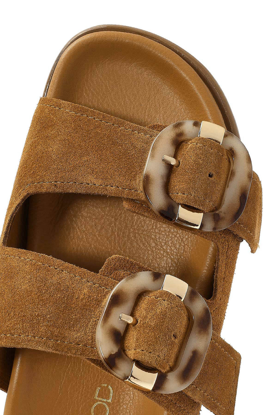 Women's Tan Double Buckle Suede Leather Slippers