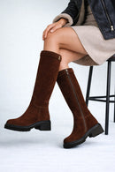 Women's Brown Zip-Up Chunky Sole Suede Leather Boots | Derimod