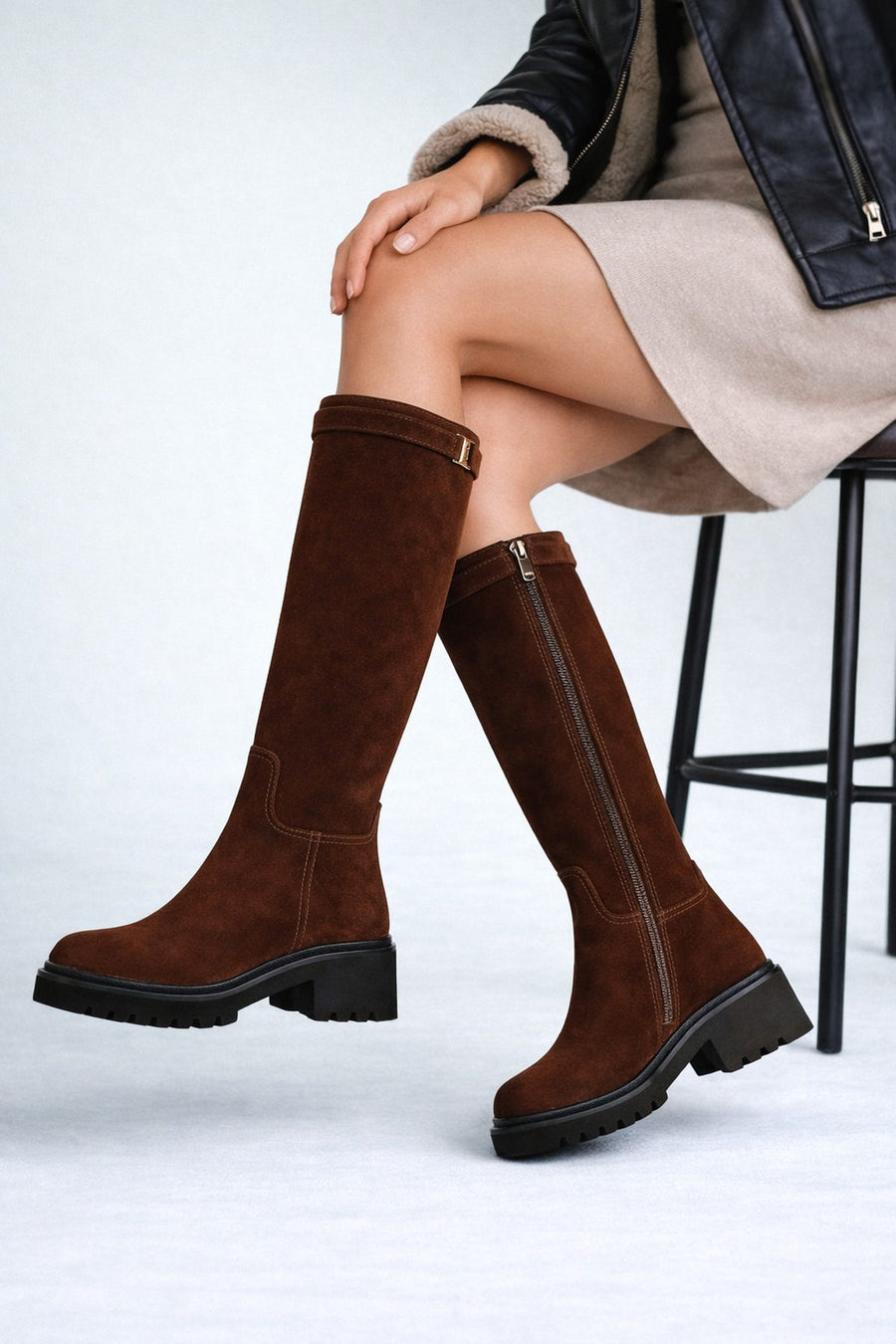 Women's Brown Zip-Up Chunky Sole Suede Leather Boots