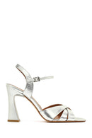 Women's Silver Ankle Buckle High Heel Metallic Leather Sandals | Derimod