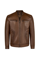 Christ Male Brown Mandarin Collar Leather Jacket | Derimod