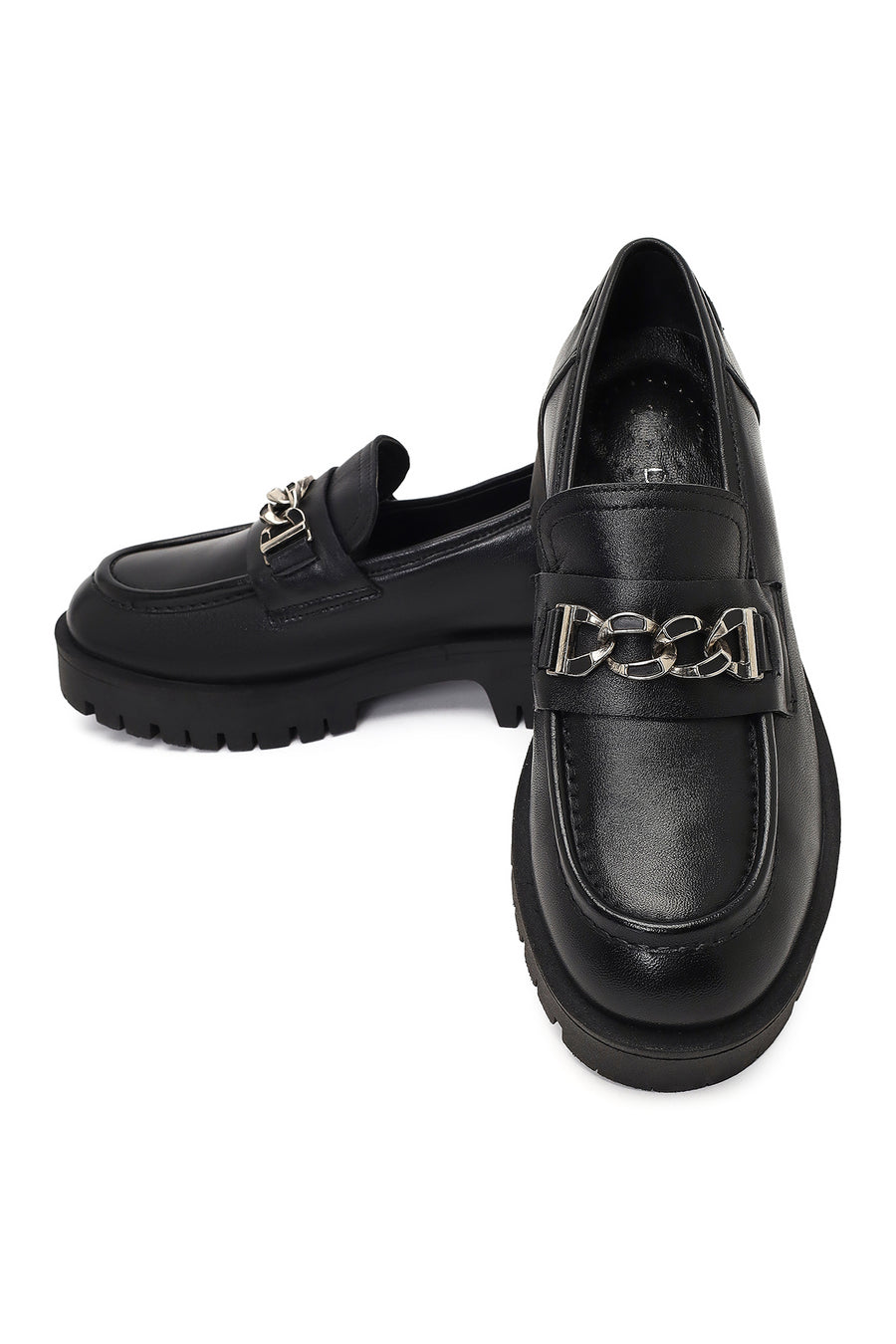 Kadın Siyah Kalın Tabanlı Tokalı Deri Maskülen Loafer