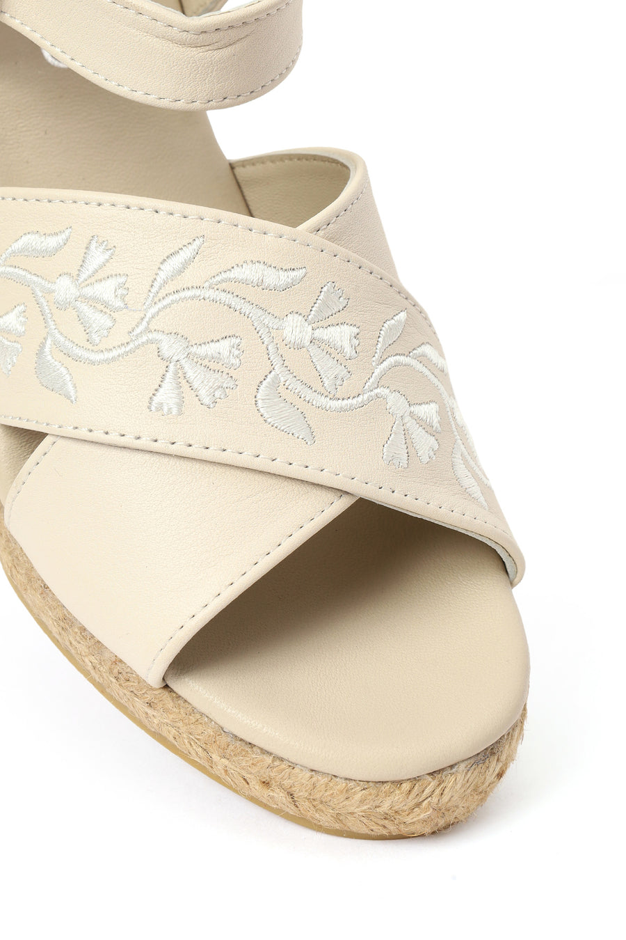 Woman Cream Ankle-Buckle Wedge-Heel Leather Espadrille Sandals