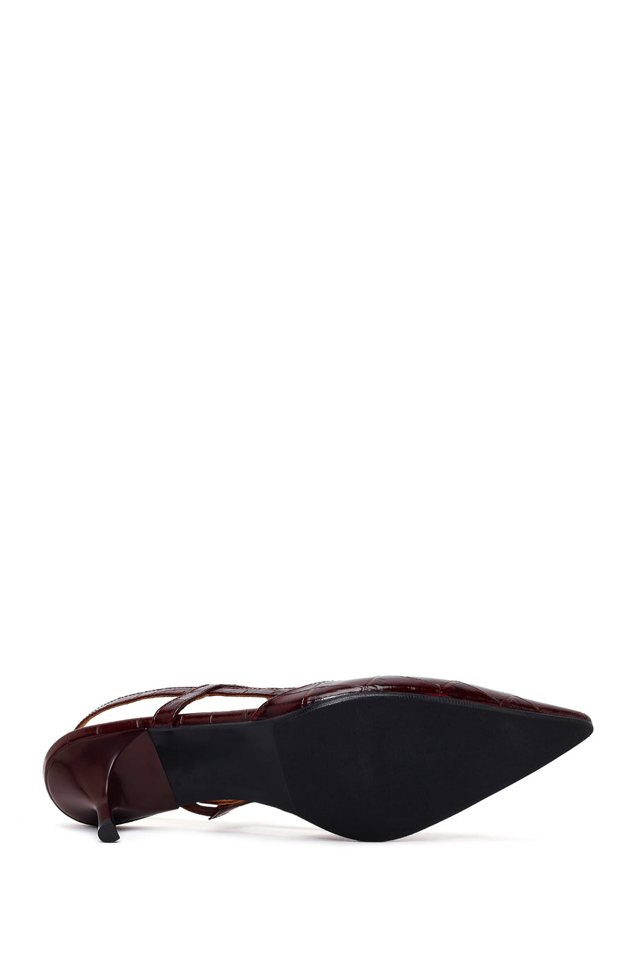 Woman Burgundy Backless Thin-Heeled Croc-Embossed Leather Shoes