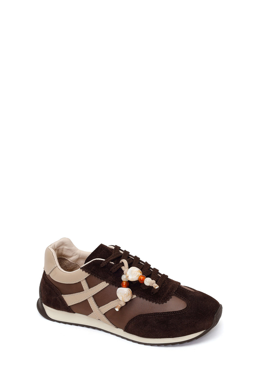Woman Brown Lace-Up Charm Leather Sneaker