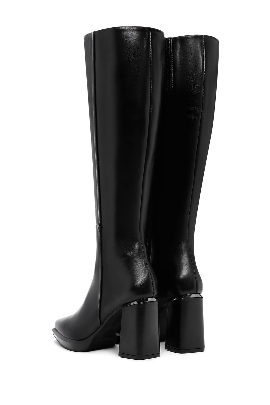 Woman Black Zip Closure Chunky Heeled Leather Boots