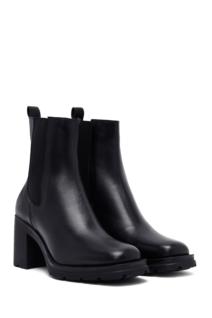 Woman Black Chunky Heels Leather Boat