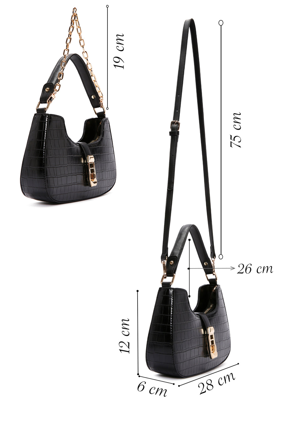 Women's Black Long Strap Crocodile Patterned Shoulder Bag