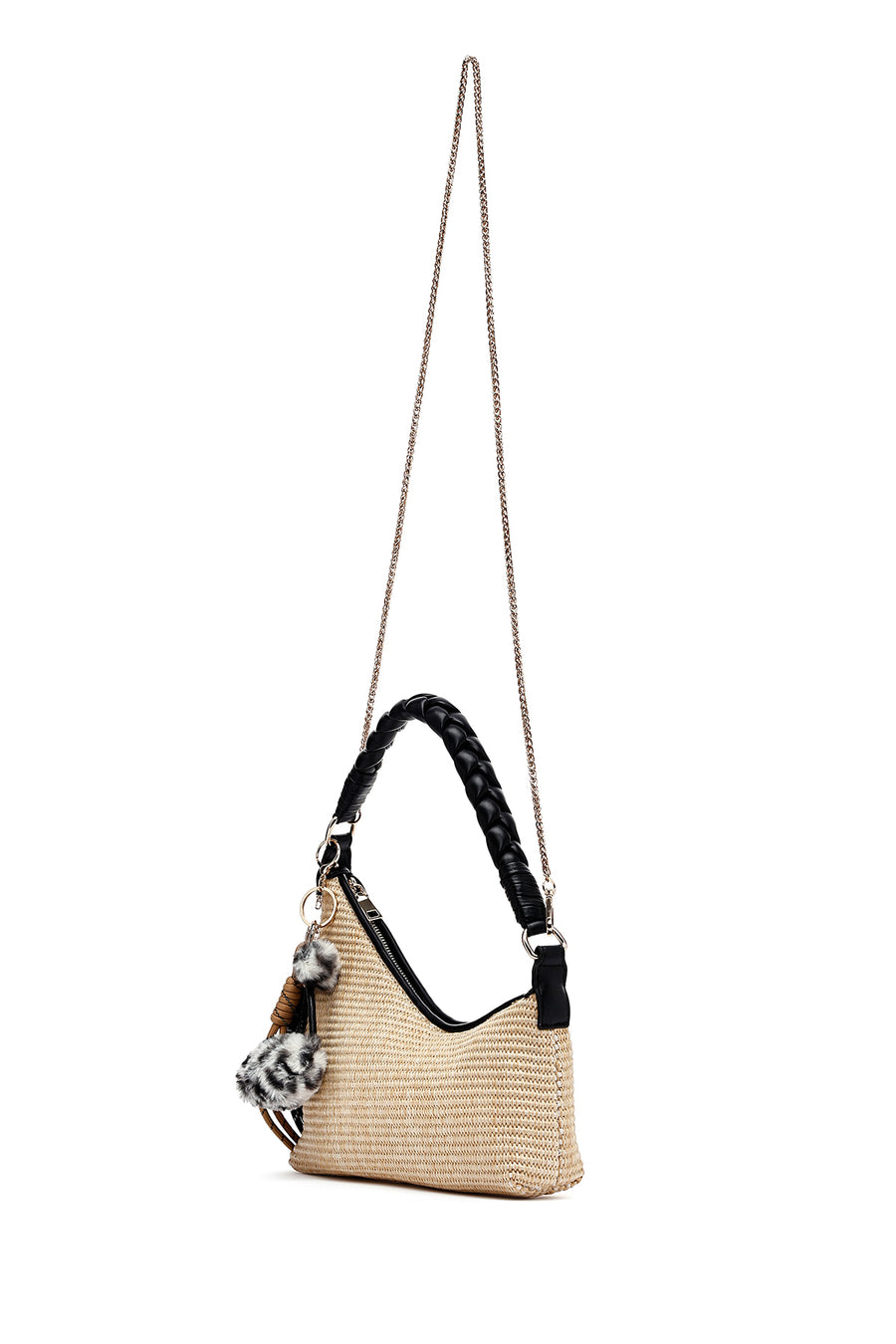 Woman Cream Charm-Embellished Straw Shoulder Bag