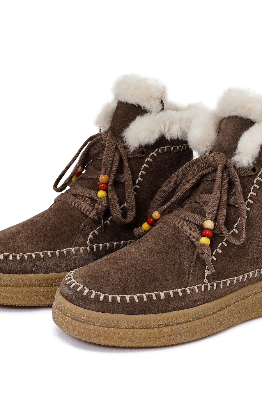 Woman Brown Laced Thick Sole Suede Leather Teddy Bot