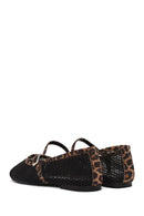 Women's Black Leopard Patterned Buckled Mesh Leather Ballerinas | Derimod