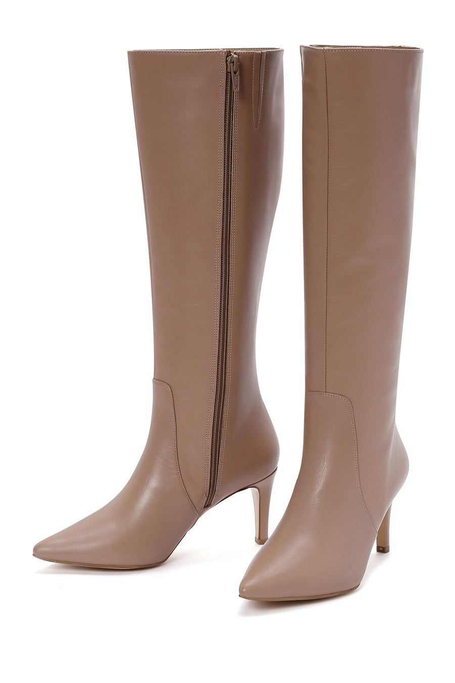 Women's Camel Zippered Thin Heeled Leather Boots