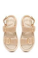 Women's Beige Double Buckle Thick-Soled Braided Sandals | Derimod
