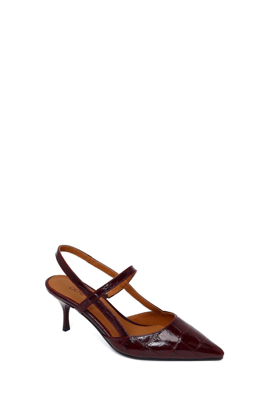 Woman Burgundy Backless Thin-Heeled Croc-Embossed Leather Shoes