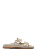 Women's Beige Buckle Suede Leather Slippers | Derimod