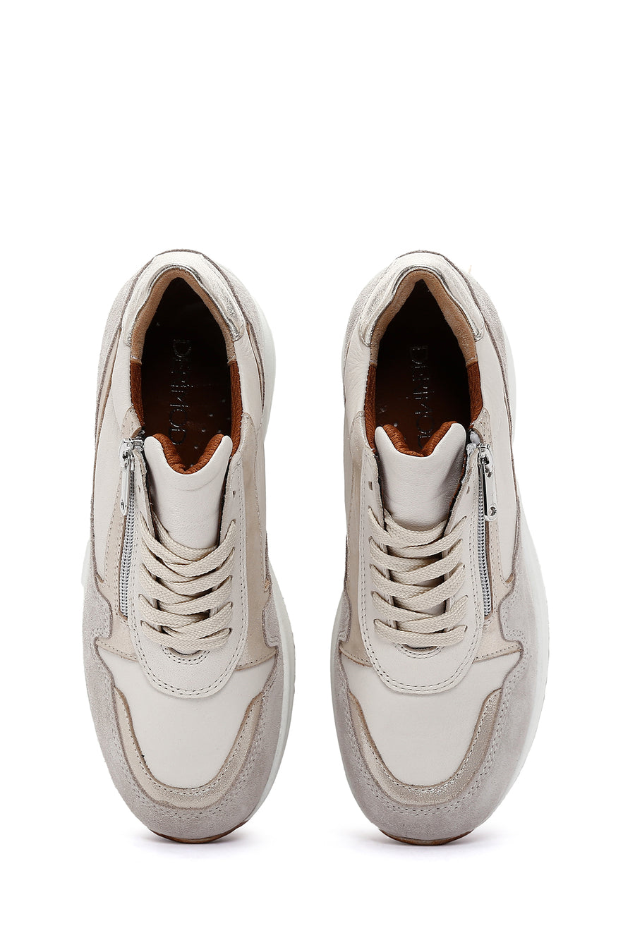 Women's Beige Lace-Up Zipper Detail Wedge Heel Leather Sneakers