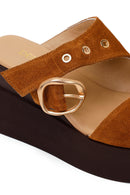 Woman Tan Buckled Wedge Heel Suede Slipper | Derimod