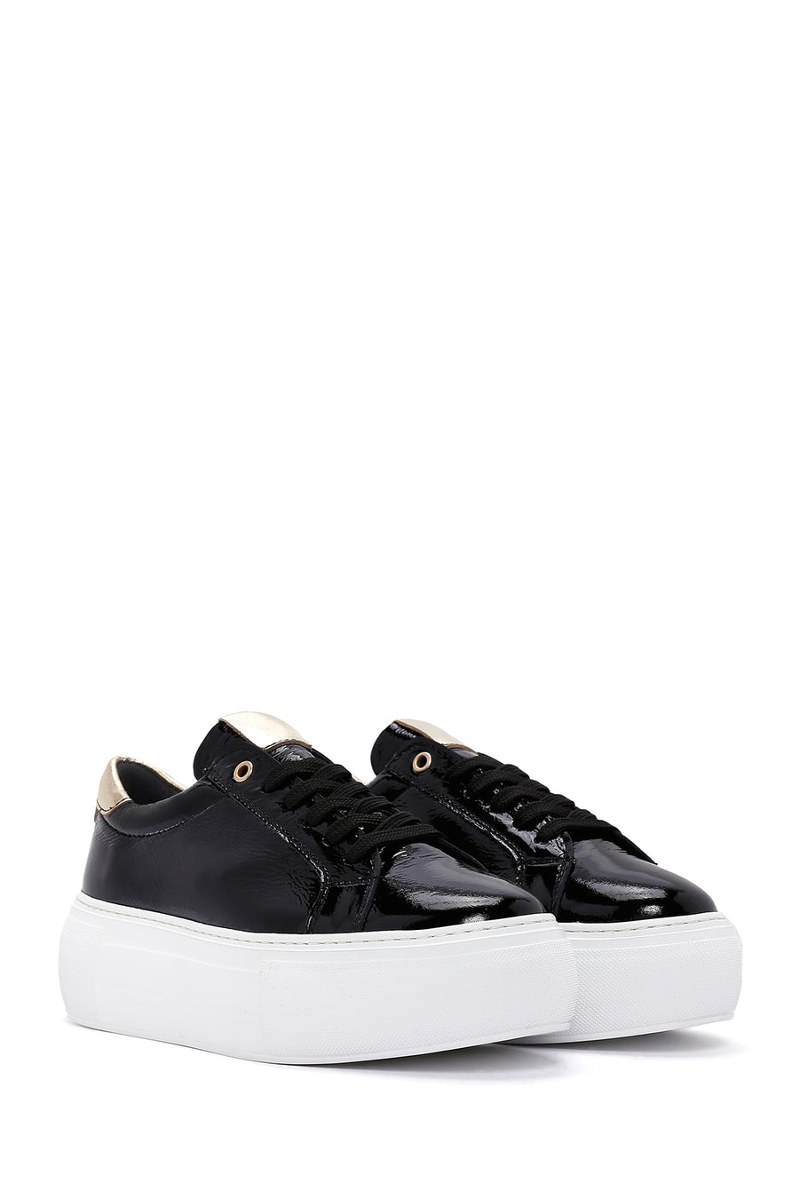 Women's Black Thick Soled Patent Leather Sneaker