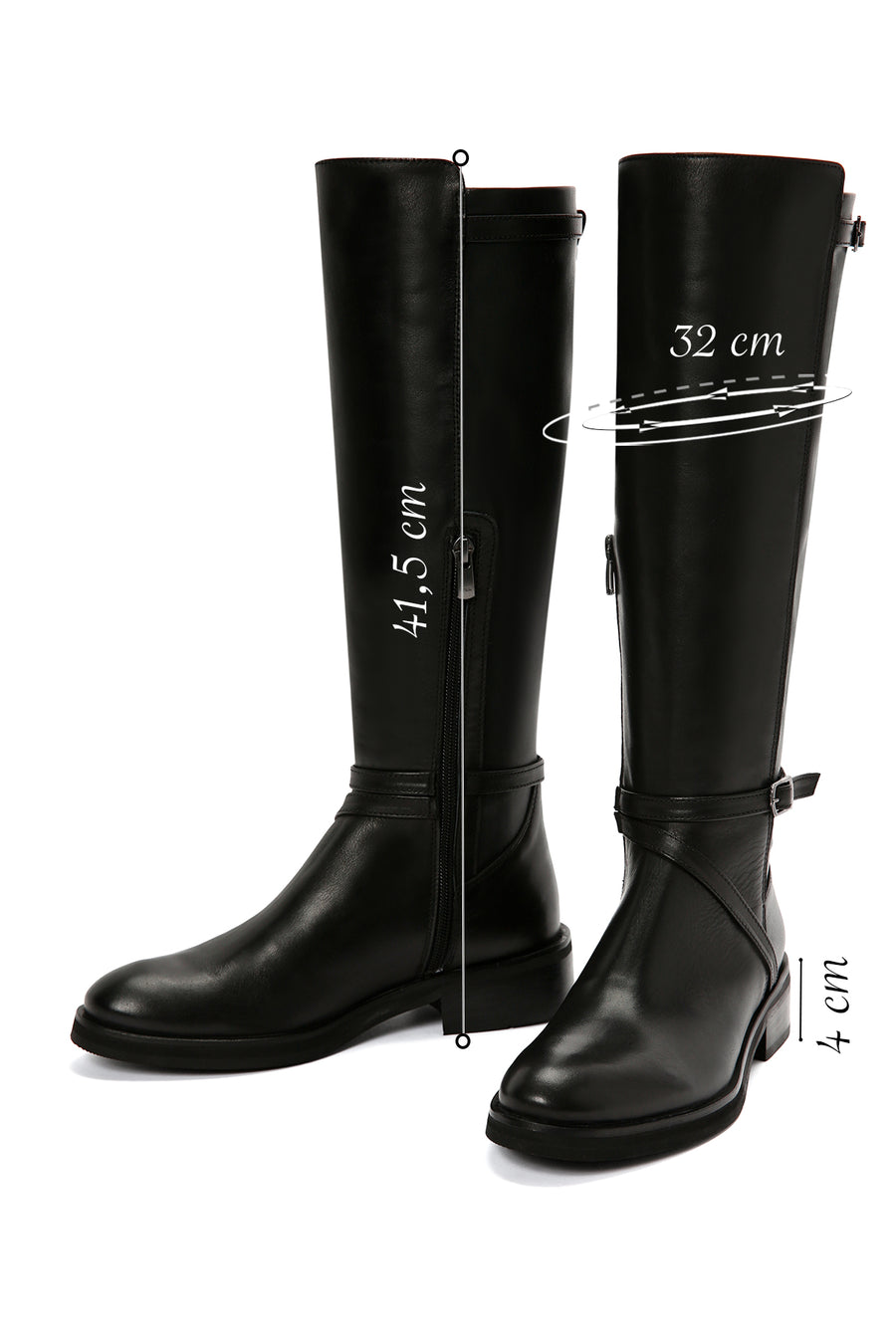 Women's Black Buckle Zippered Leather Boots