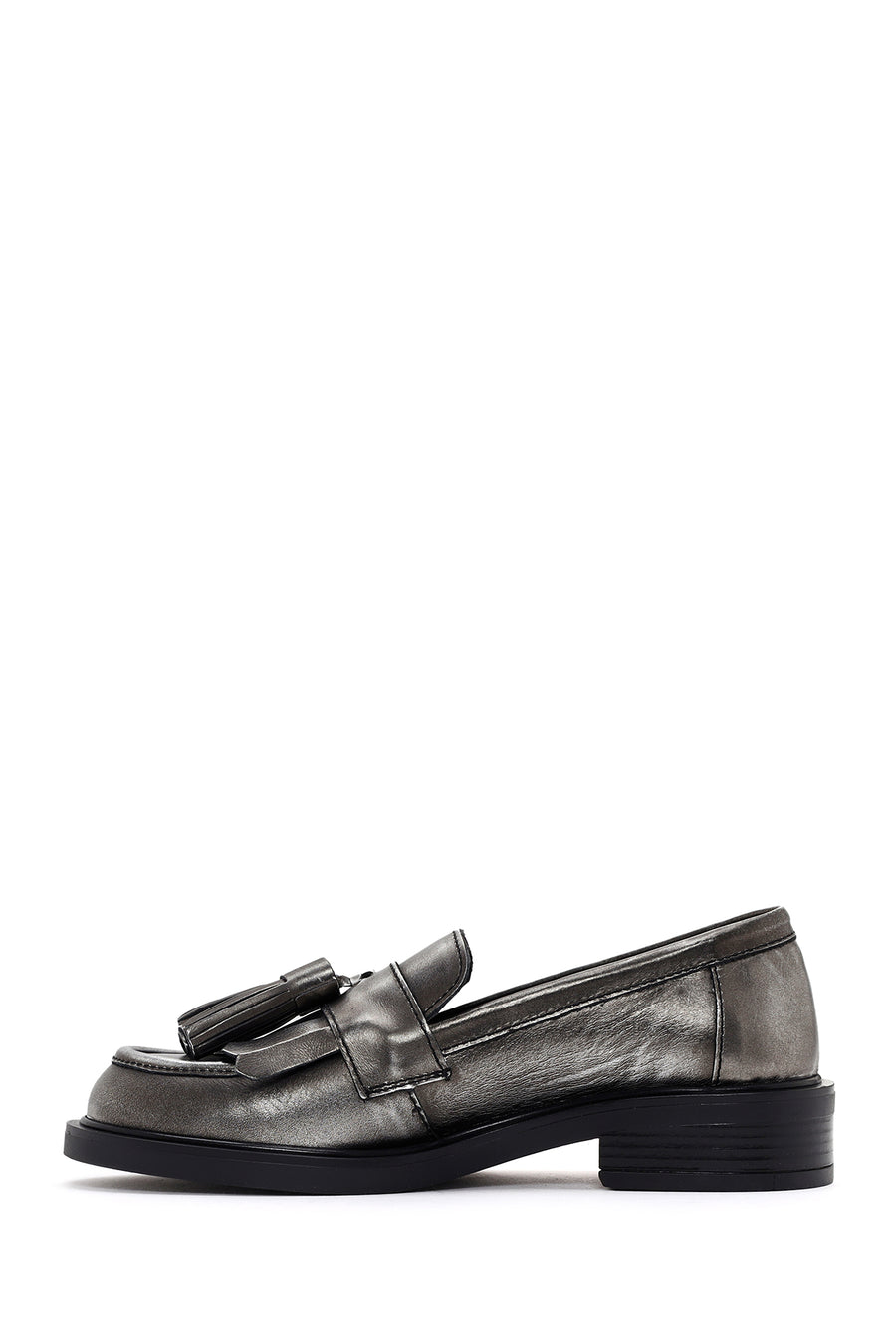 Women's Silver Leather Tasseled Masculine Loafer