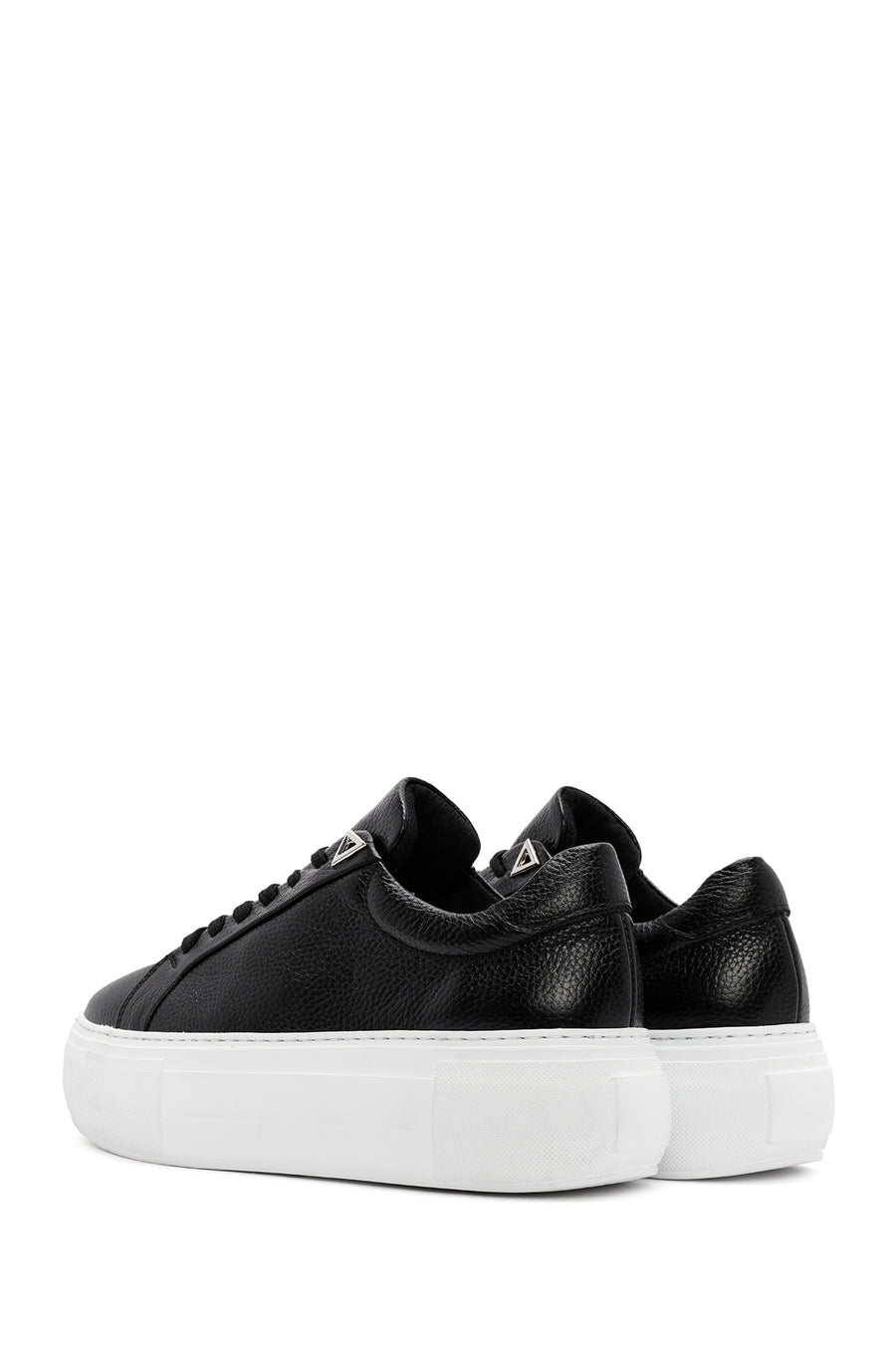 Women's Black Lace-up Thick-Sole Leather Sneaker
