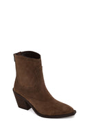 Woman Tan Zip Closure Chunky High-Heel Suede Boots | Derimod