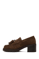 Woman Walnut Tassel Chunky Heeled Suede Loafer | Derimod