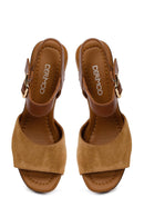 Woman Tan Ankle-Buckle Platform High Thick-Heeled Suede Sandal | Derimod