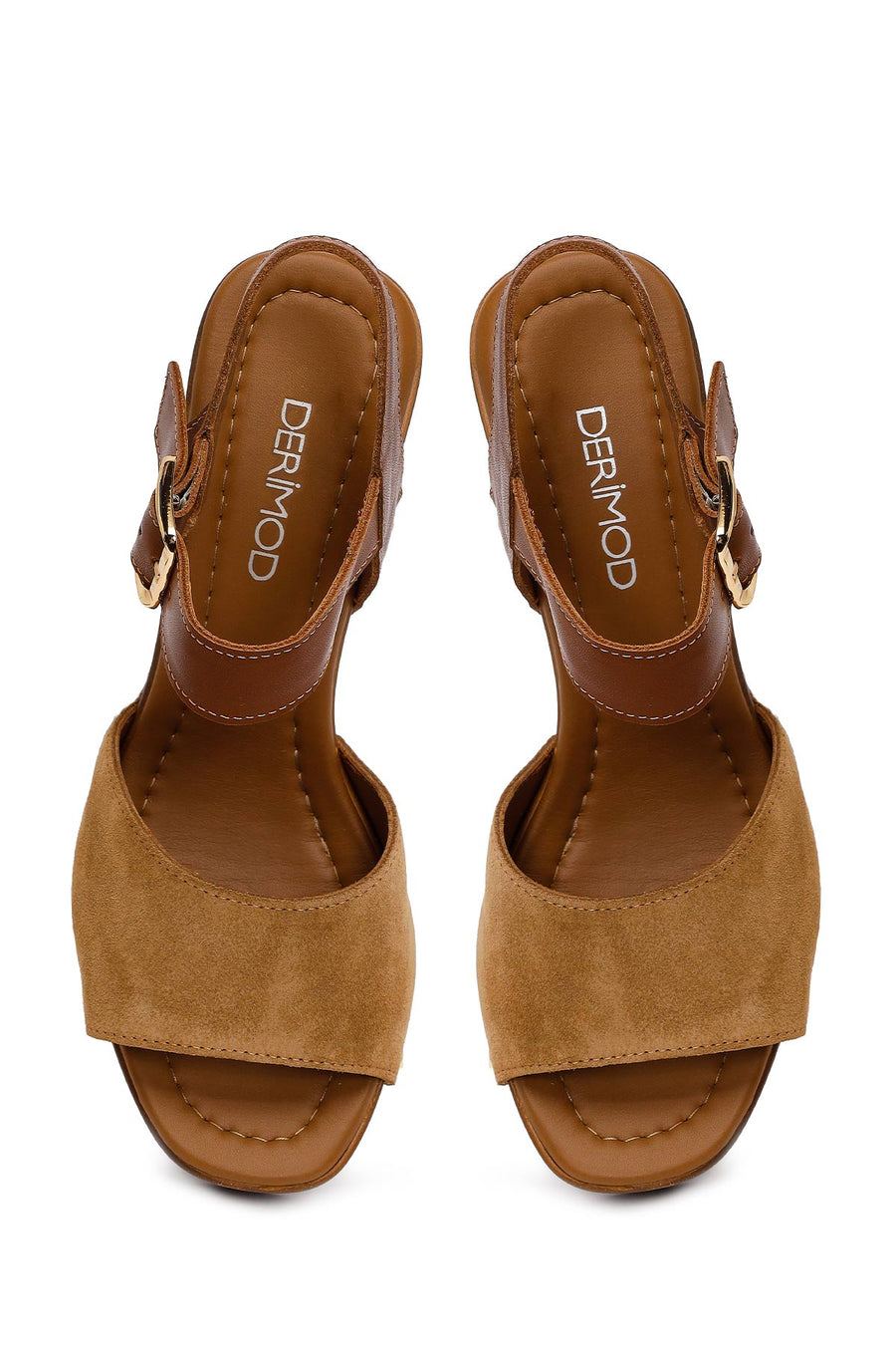 Woman Tan Ankle-Buckle Platform High Thick-Heeled Suede Sandal
