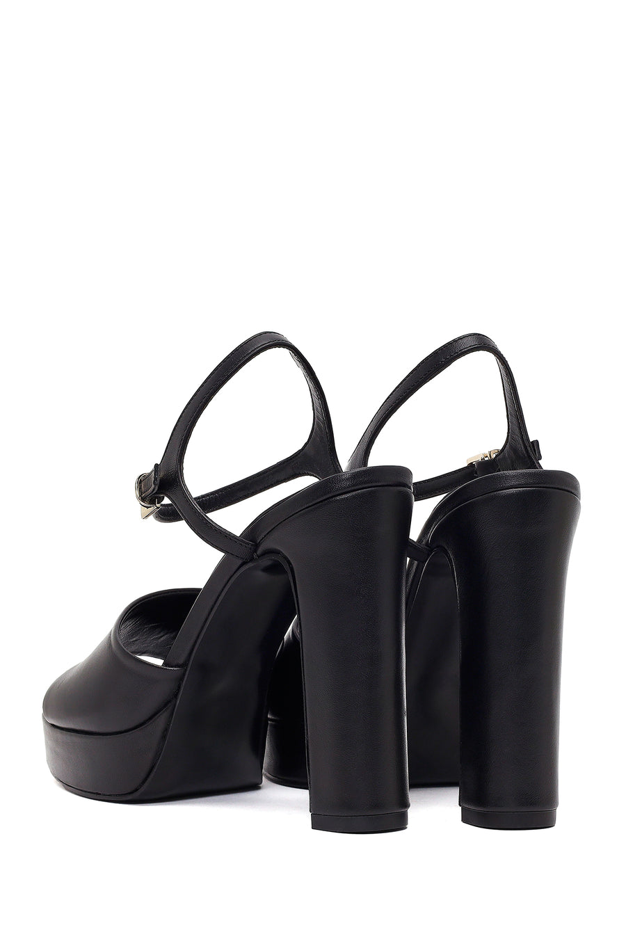 Women's Black Ankle Buckle Platform High Thick Heel Leather Sandals