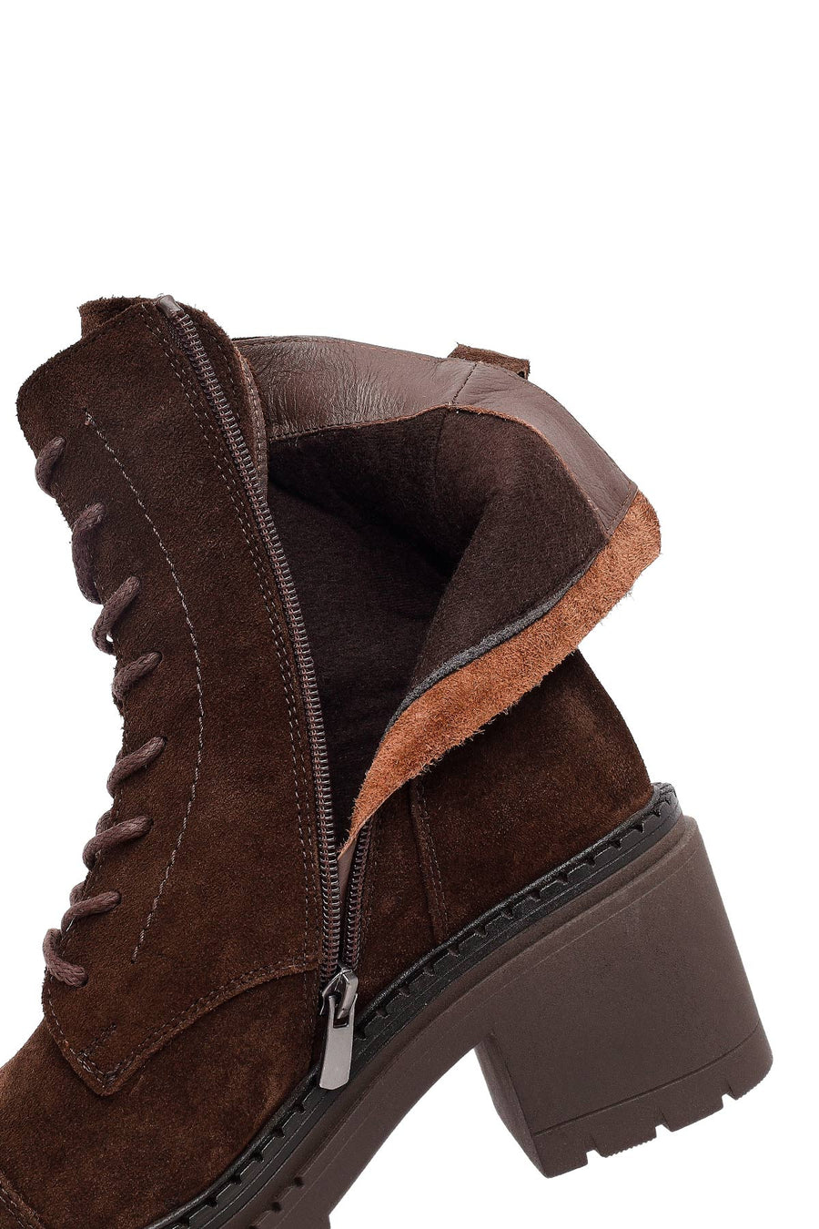 Women's Brown Zippered Thick Heeled Suede Leather Ankle Boots