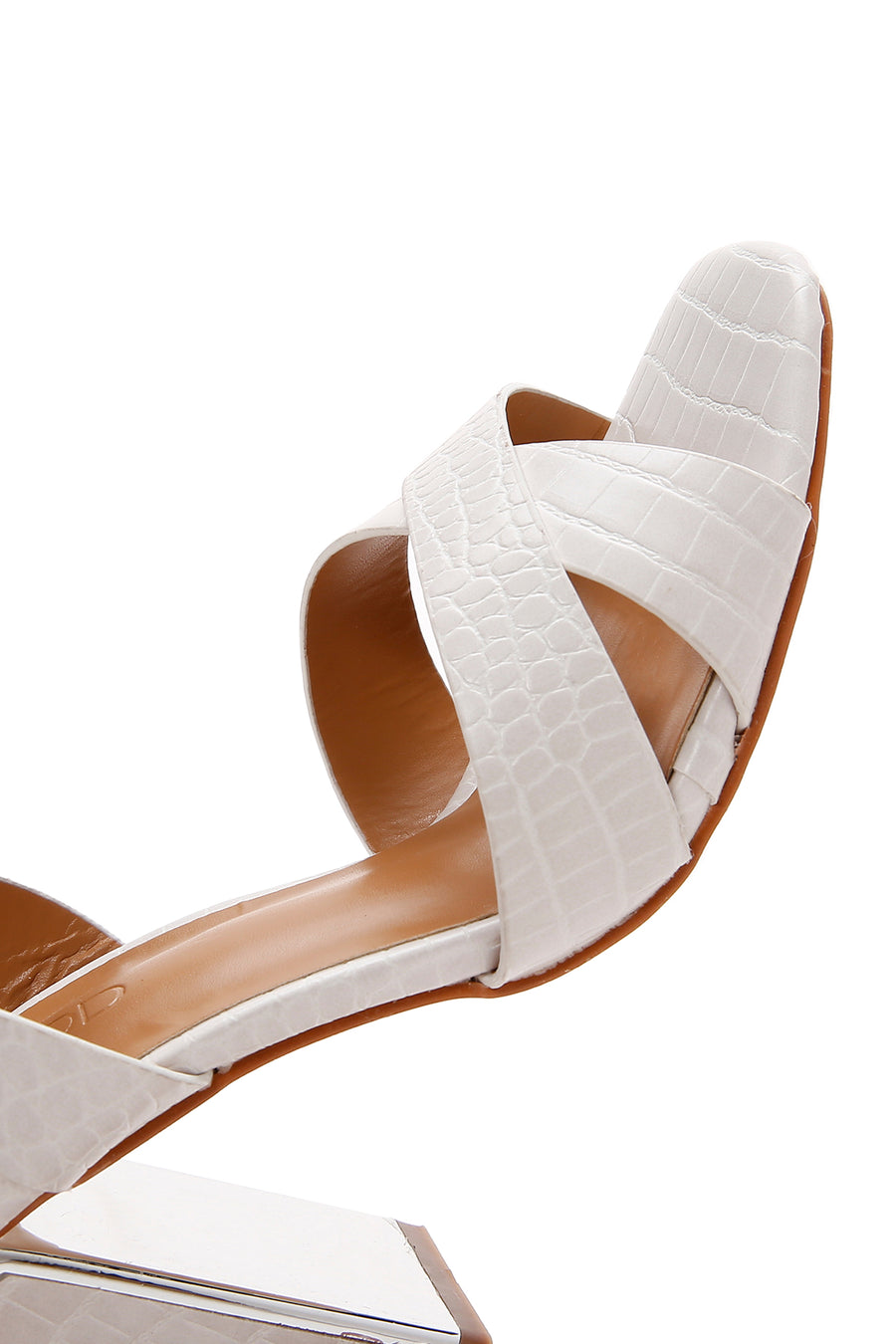 Women's White Ankle Strap Thick Heel Crocodile Sandals
