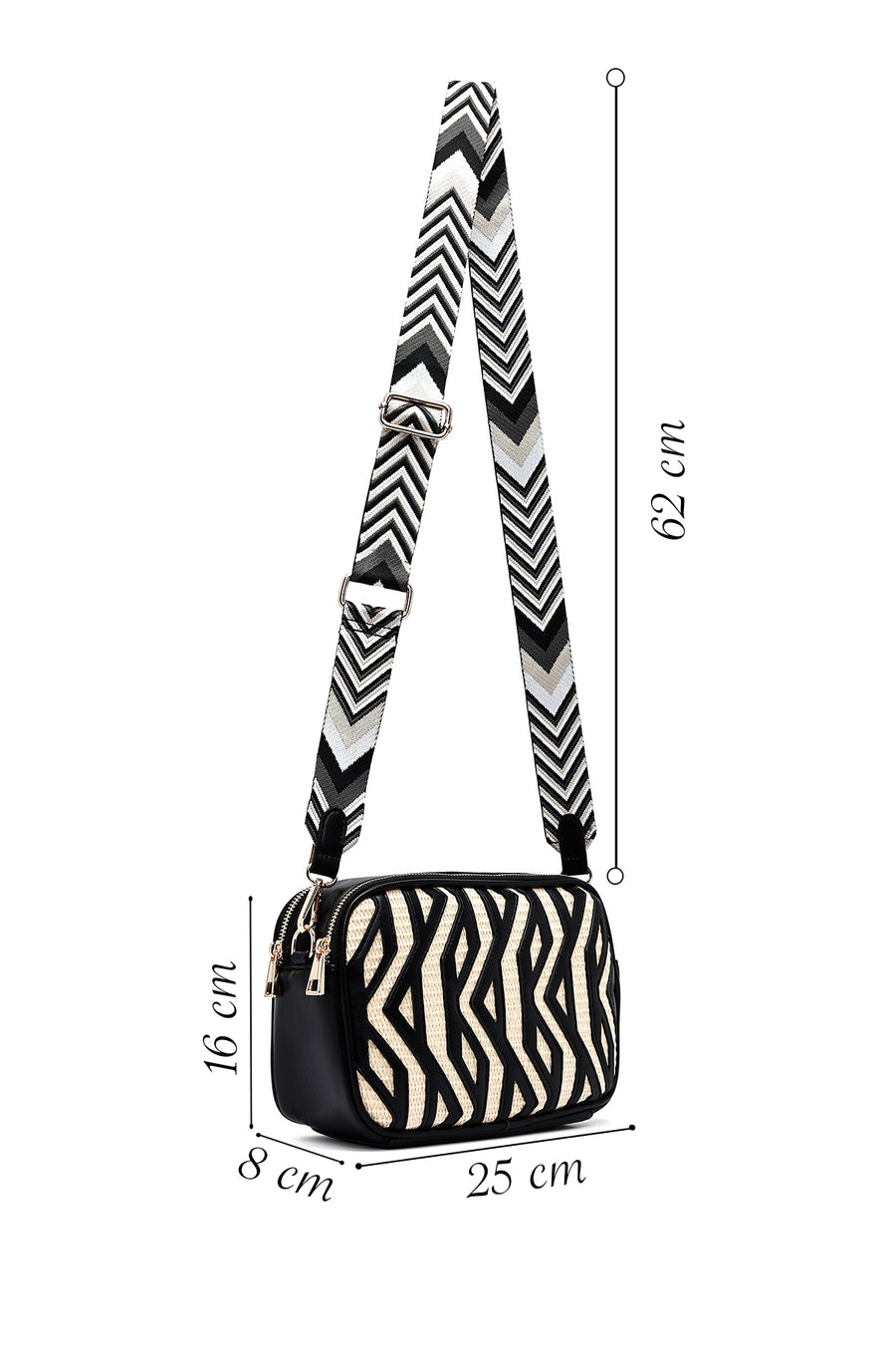 Women's Black Long Strap Patterned Crossbody Bag