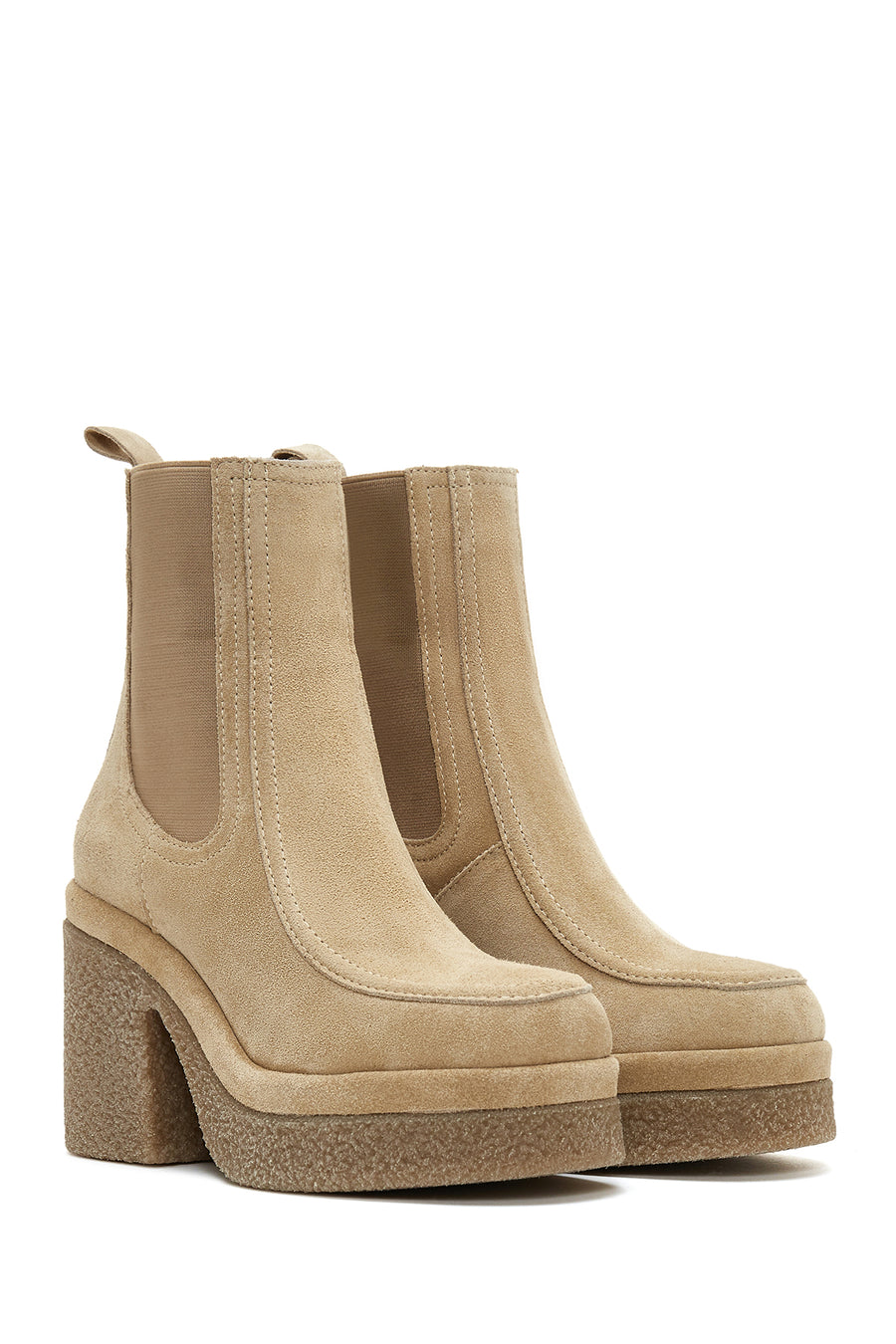 Women's Beige Thick Heeled Suede Leather Chelsea Boots