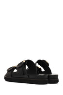 Women's Black Double Buckled Leather Slippers | Derimod