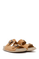 Woman Beige Double-Buckle Leather Comfort Slipper | Derimod