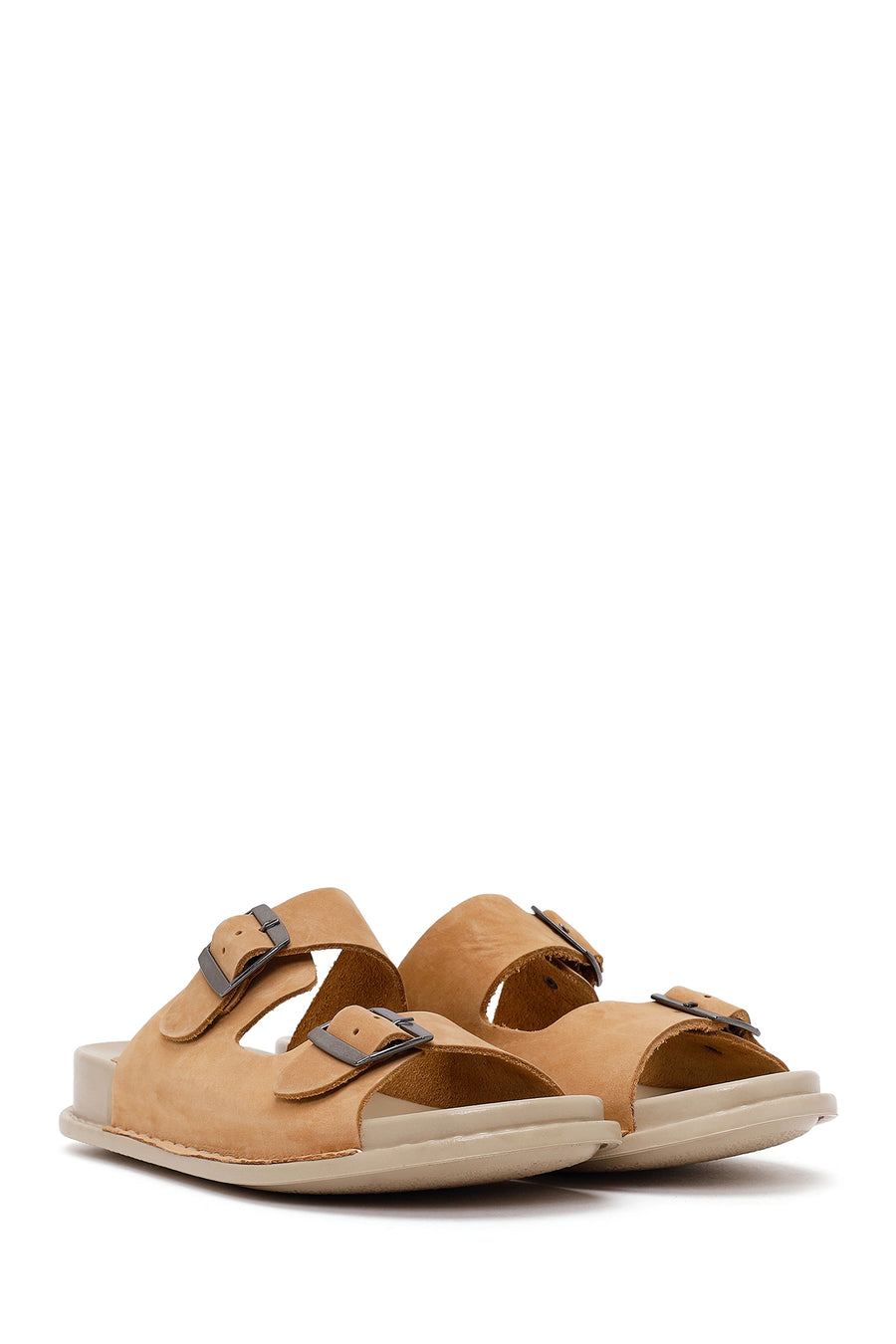 Woman Beige Double-Buckle Leather Comfort Slipper