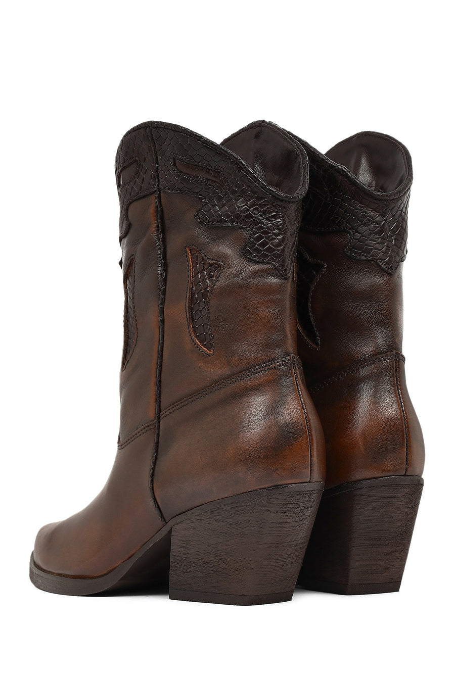 Women's Brown Short Chunky Heel Leather Cowboy Boots